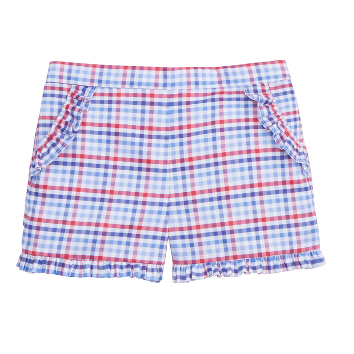 classic childrens clothing ruffled short in red white and blue plaid