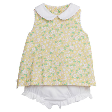 Little English traditional children's clothes, playful diaper set for baby girl.  Yellow floral top with scallop trimmed collar and white diaper cover for Spring.