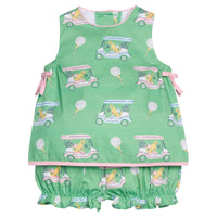 Little English traditional children's clothing.  Green and pink two piece set with golf cart print for baby girls.