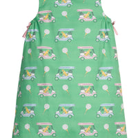 Little English traditional children's clothing.  Green and pink golf cart print sleeveless dress for girls