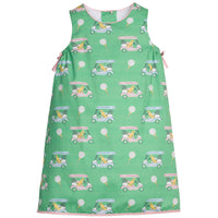Little English traditional children's clothing.  Green and pink golf cart print sleeveless dress for girls