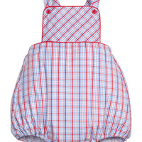 Little English traditional children's clothing.  Patriotic red and blue plaid bubble for baby boys.  4th of July outfit for baby boys.