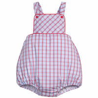 Little English traditional children's clothing.  Patriotic red and blue plaid bubble for baby boys.  4th of July outfit for baby boys.