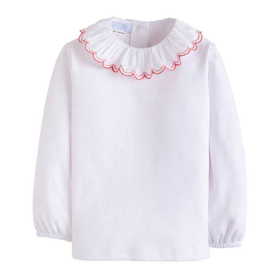 Little English classic children's clothing, girls white long sleeve blouse with white and red ruffled collar