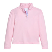 Little English traditional children's clothing.  Long sleeve Hastings polo in light pink with ruffle collar and purple floral detailing. 