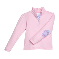 Little English traditional children's clothing.  Long sleeve Hastings polo in light pink with ruffle collar and purple floral detailing. 