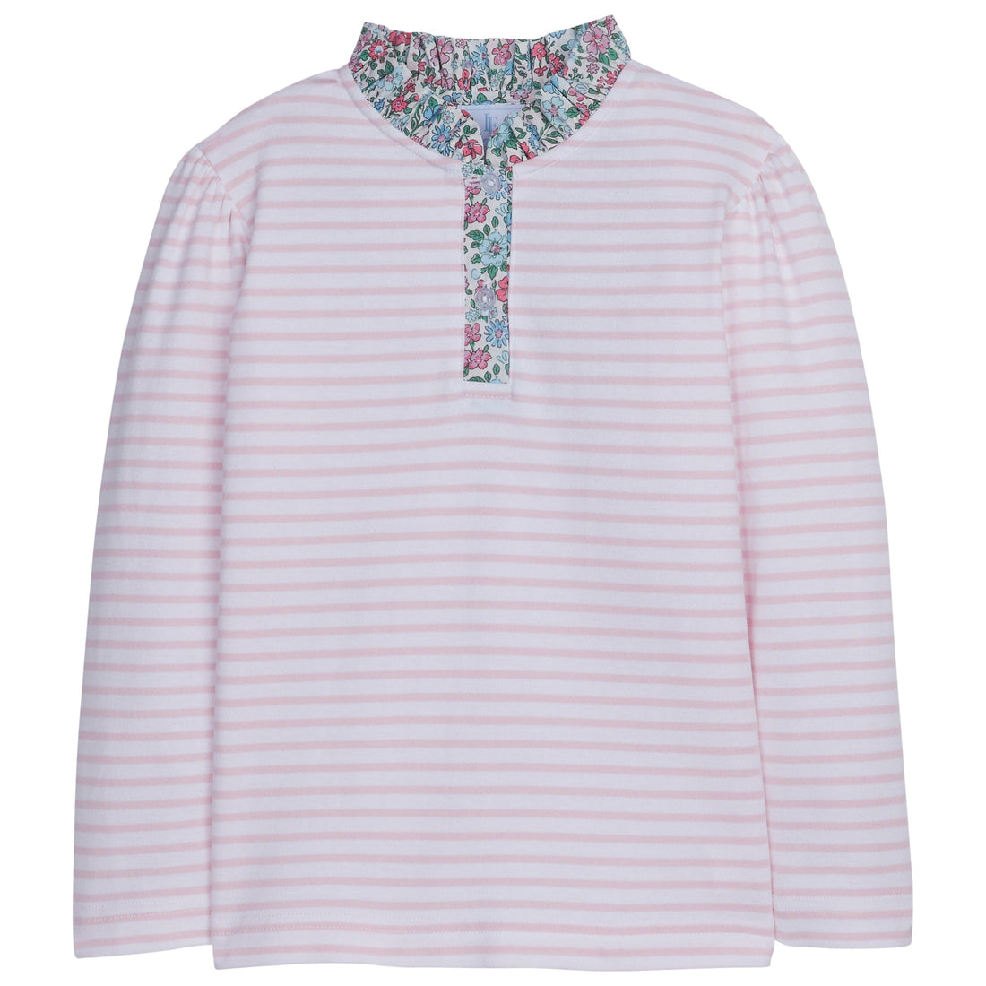 little english classic childrens clothing girls pink and white striped shirt with pink and blue floral collar