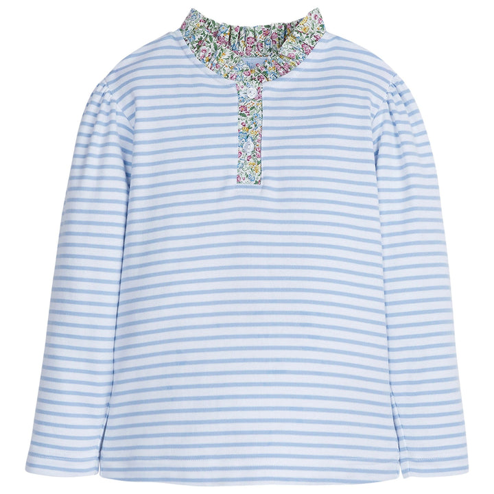 little english girls blue and white striped long sleeve shirt with ruffled floral neckline and lapel