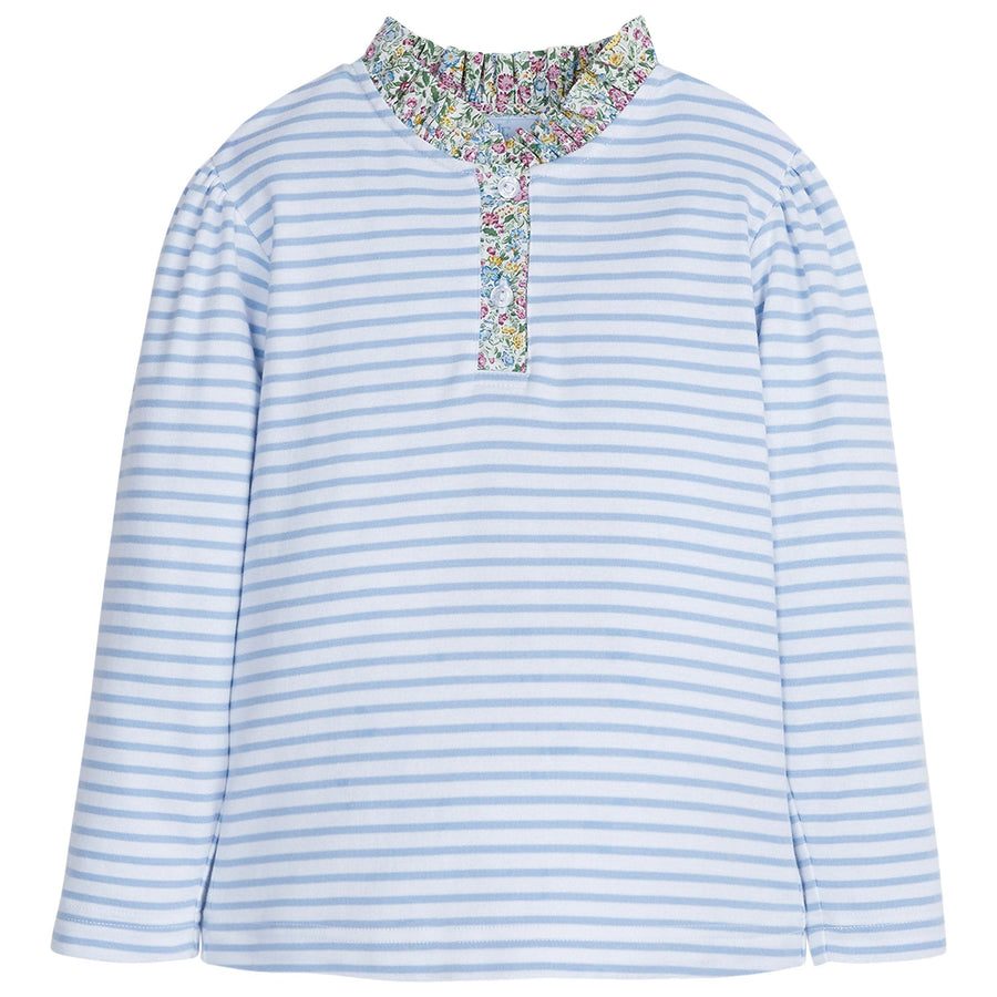 little english girls blue and white striped long sleeve shirt with ruffled floral neckline and lapel