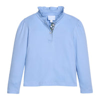 Little English traditional children's clothing.  Long sleeve Hastings polo in light blue with ruffle collar and green floral detailing. 