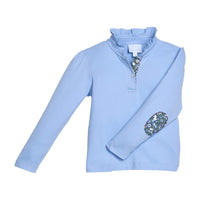 Little English traditional children's clothing.  Long sleeve Hastings polo in light blue with ruffle collar and green floral detailing. 