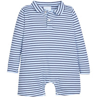 Little English traditional children's clothing.  Navy and light blue Winslow stripe long sleeve, short legs romper with polo collar for baby boys