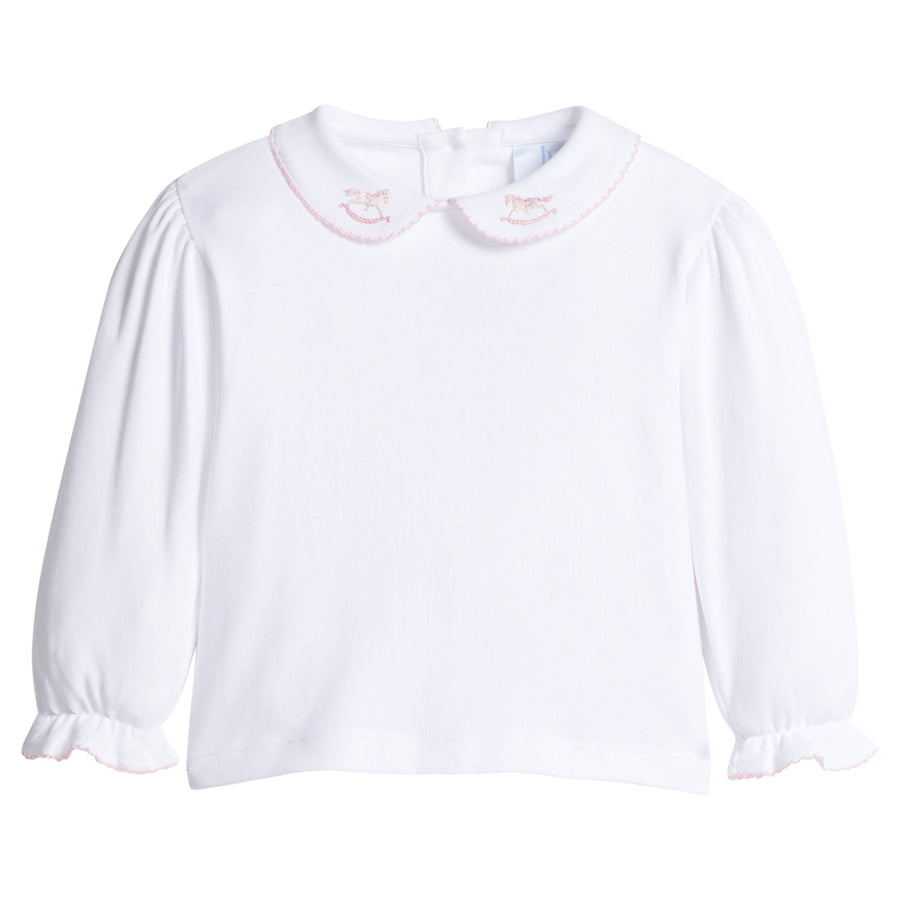little english classic children's clothing girls white pinpoint blouse with light pink details and embroidered rocking horse on peter pan collar 