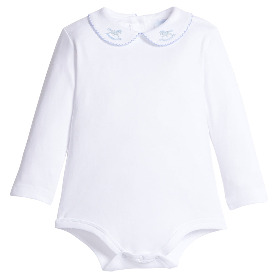 little english classic children's clothing boys white pinpoint onesie with light light blue details and embroidered rocking horse on peter pan collar 