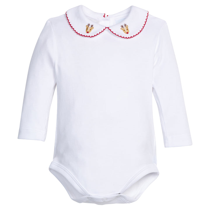 Little English traditional children's clothing.  White knit onesie for baby boy with red picot trim and pinpoint reindeer on the peter pan collar