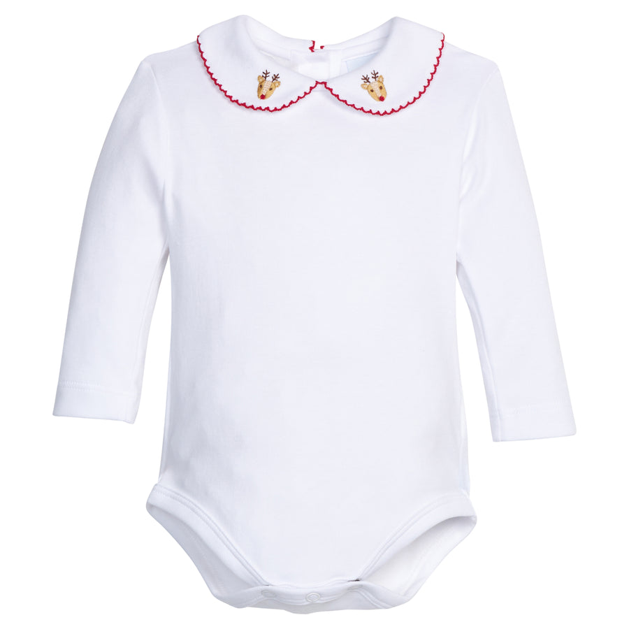 Little English traditional children's clothing.  White knit onesie for baby boy with red picot trim and pinpoint reindeer on the peter pan collar