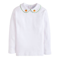 Little English traditional children's clothing.  White knit peter pan shirt with pinpoint orange pumpkins for little boys