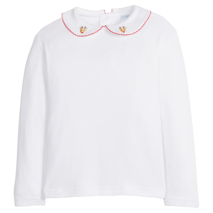 little english classic children's clothing boys white pinpoint shirt with red details and embroidered reindeer on peter pan collar for holiday