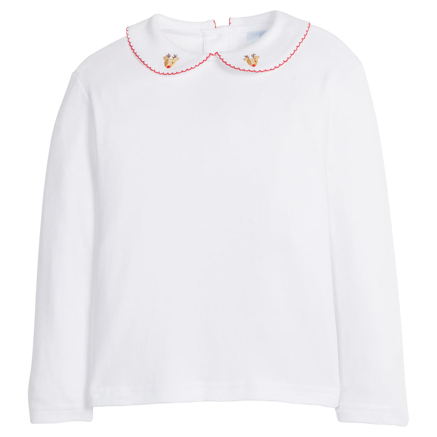 little english classic children's clothing boys white pinpoint shirt with red details and embroidered reindeer on peter pan collar for holiday