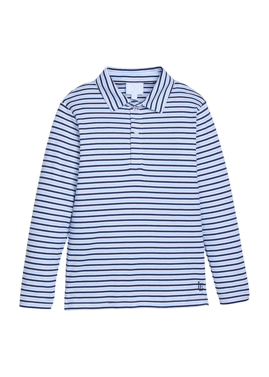 little english classic childrens clothing. Long sleeve navy, white, and light blue winslow stripe polo for boys