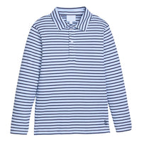 little english classic childrens clothing. Long sleeve navy, white, and light blue winslow stripe polo for boys