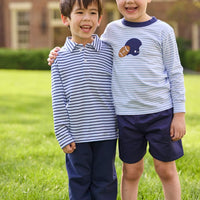 Little English traditional children's clothing.  Light blue and navy Winslow Stripe long sleeve polo shirt paired with navy essential jogger.  Light blue stripe long sleeve applique t-shirt with football and helmet applique paired with navy twill basic shorts.