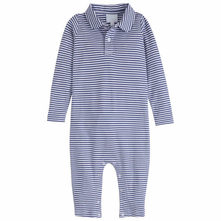 little english classic childrens clothing boys gray blue and and white striped long sleeve polo romper