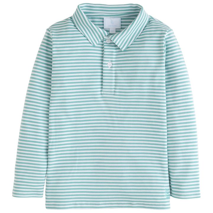 little english classic childrens clothing boys green/blue and white striped long sleeve polo