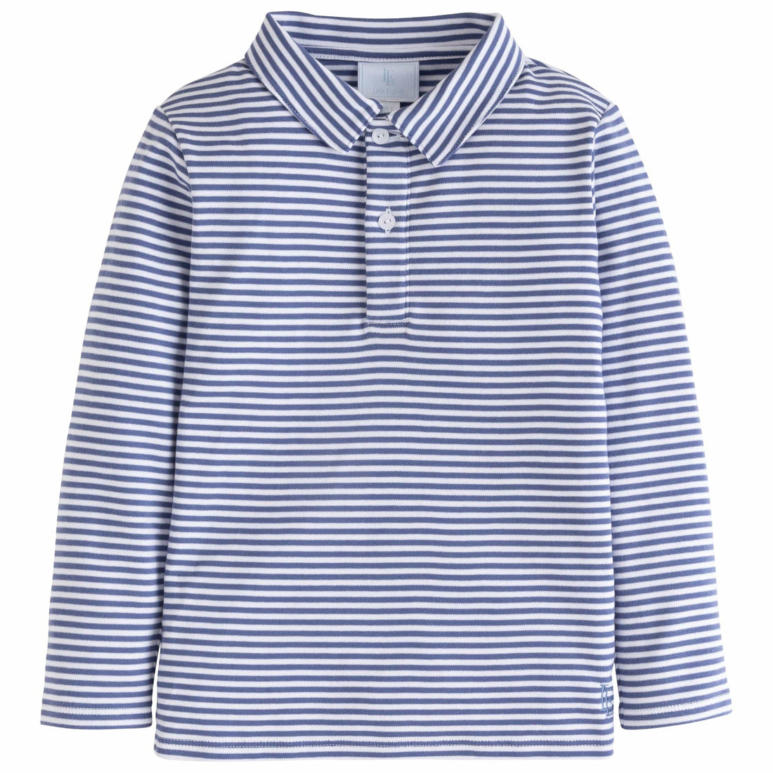 Little English classic childrens clothing toddler boy gray-blue and white striped long sleeve polo