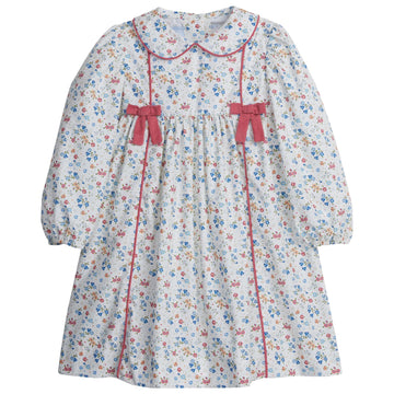 little english classic childrens clothing girls long sleeve woven dress in white floral pattern with rose corduroy bow and detail trim