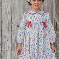 little english classic childrens clothing girls long sleeve woven dress in white floral pattern with rose corduroy bow and detail trim