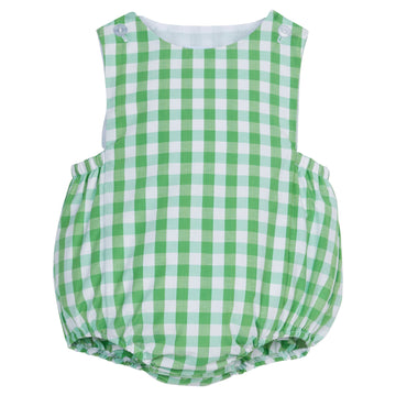 Little English traditional children’s clothing, baby boy's classic sunsuit in green hills check for Spring