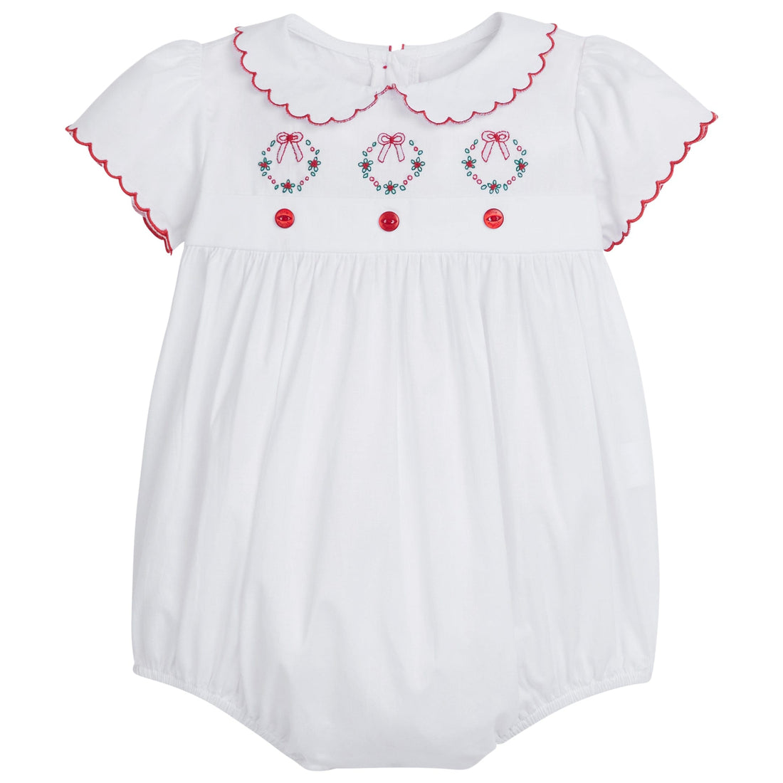 little english classic childrens clothing girls scalloped white bubble with red trim and wreath and red button detail