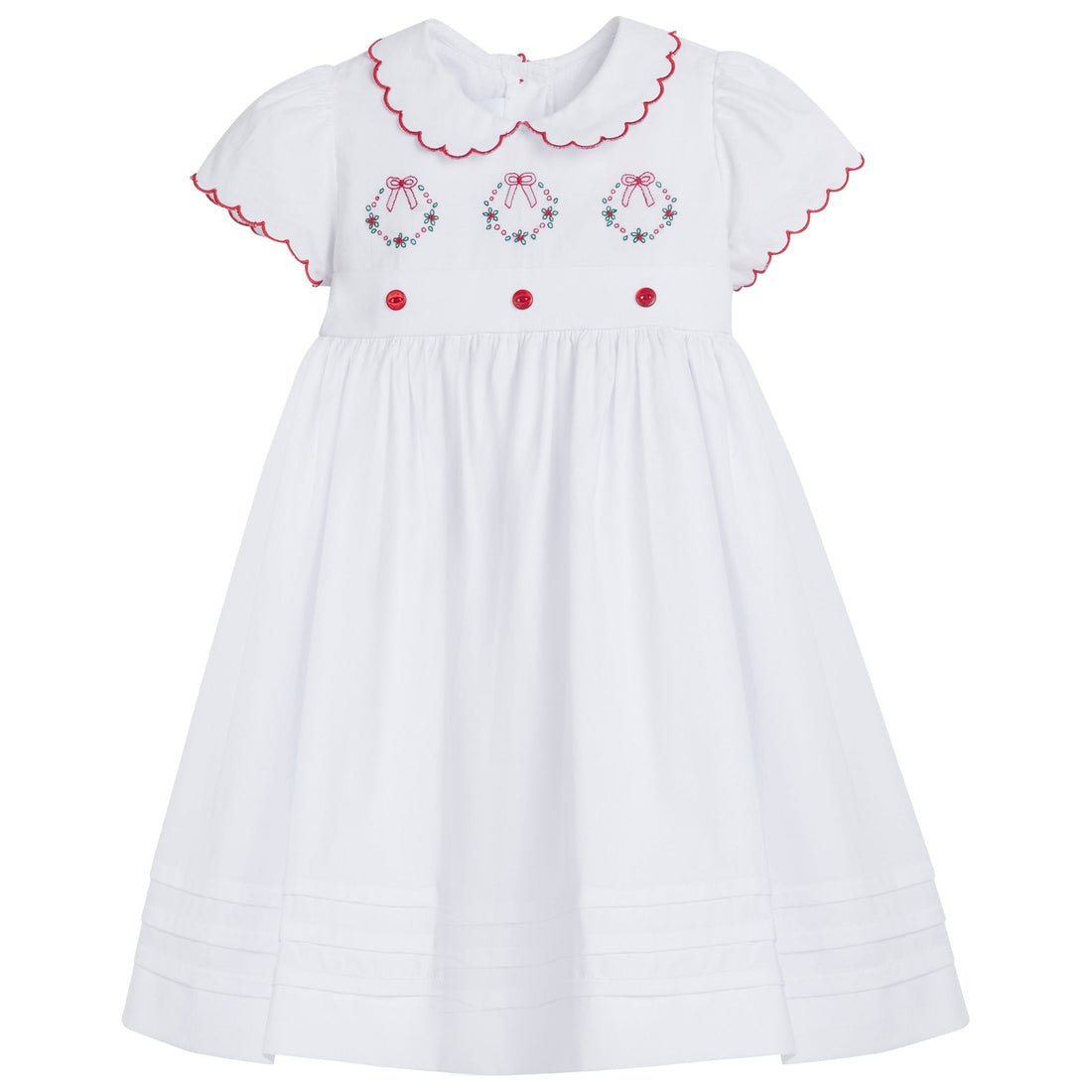 little english classic childrens clothing girls white dress with peter pan collar and red trim with wreath and red button detail