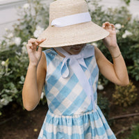 Heirloom quality, 100% silk, sleeveless light blue check formal dress with pearl details at neckline.  Little English X Luciana Emilia capsule collection special occasion dress for girls.