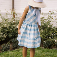 Heirloom quality, 100% silk, sleeveless light blue check formal dress with pearl details at neckline.  Little English X Luciana Emilia capsule collection special occasion dress for girls.