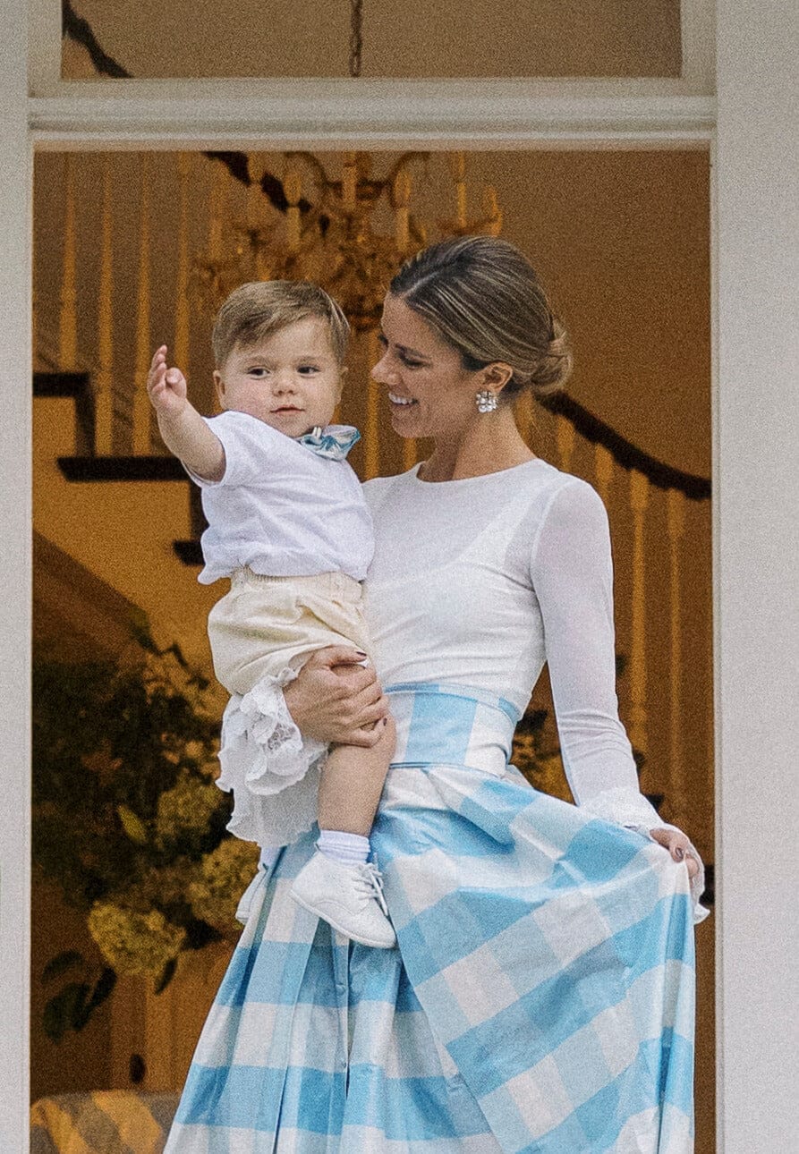 Little English X Luciana Emilia capsule collection bow tie for boys.  Special Occasion accessory in 100% silk blue check