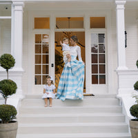 Little English X Luciana Emilia capsule collection bow sash in 100% silk blue check.  Special occasion dress accessory for girls paired with white peter pan formal dress