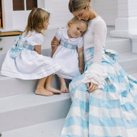 Little English X Luciana Emilia capsule collection bow sash in 100% silk blue check.  Special occasion dress accessory for girls paired with white peter pan formal dress