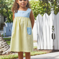 Little English traditional children’s clothing, girl's woven blue and yellow color block dress for Spring