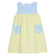 Little English traditional children’s clothing, girl's woven blue and yellow color block dress for Spring