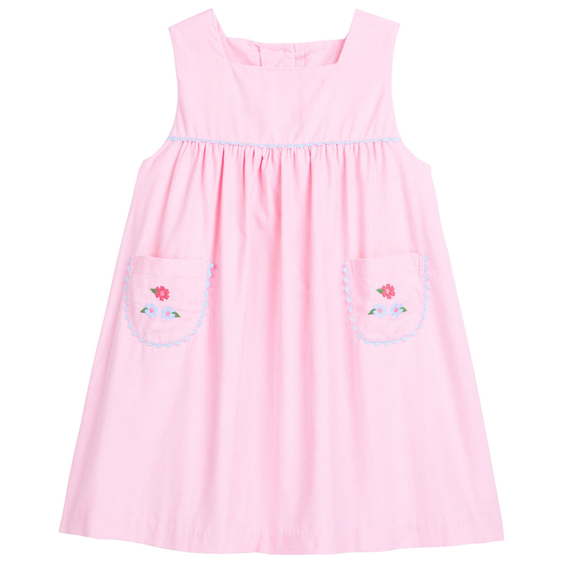 Little English classic childrens clothing toddler girls corduroy pink dress with embroidered flowers on pockets