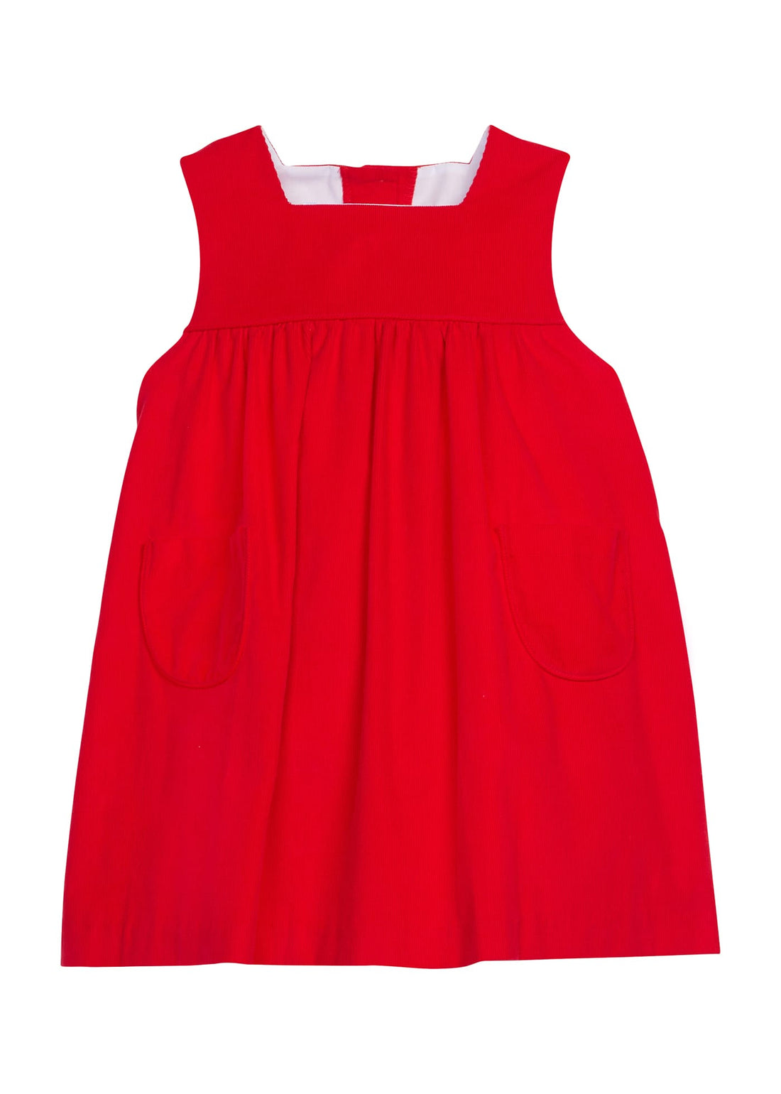 Little English traditional kids clothing, Madison Jumper in red corduroy with pockets on front for little girl