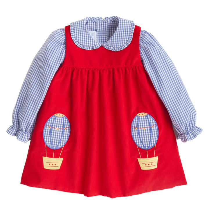 Little English girl's hot air balloon jumper set on red corduroy for fall