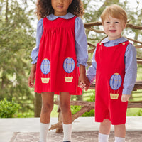 Little English classic toddler girl set with a ruffle collar peter pan shirt and a red jumper with hot air balloon embroidery at the bottom
