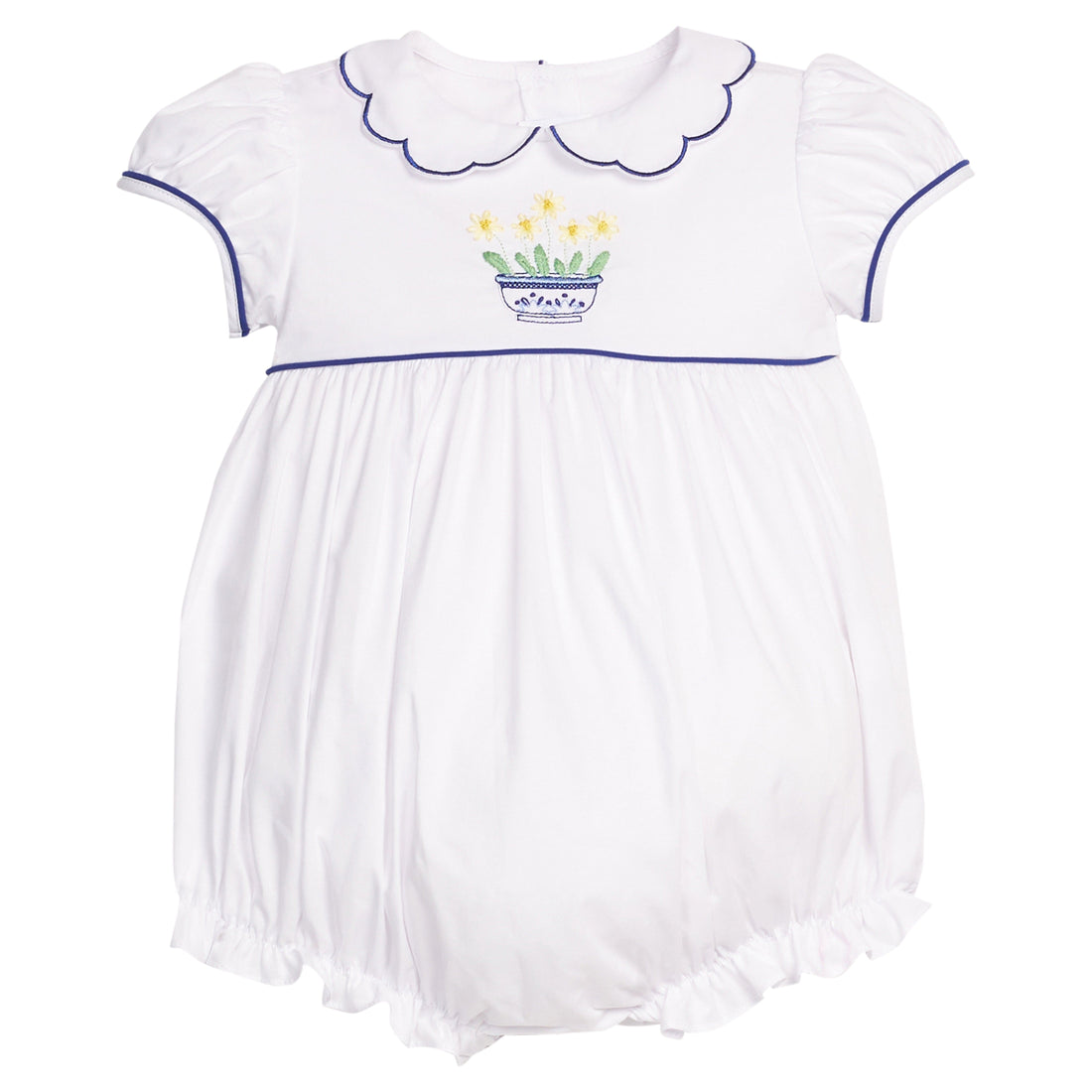 Little English classic woven maisie bubble with yellow daffodil embroidery on chest, for baby girl 