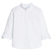 Little English traditional children's clothing.  Mandarin collar button down shirt for boys with light blue and white stripes