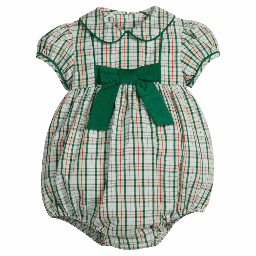 little english classic children's clothing.  Baby girls red, cream, and green tartan bubble with green corduroy bow and peter pan collar for holiday 