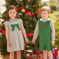 Little English Classic Children's clothing Marisa Dress in mistletoe tartan print with green bow on chest, peter pan shirt in mistletoe tartan, button tab john john in evergreen corduroy, boys and girls winter styles for the holiday season, coordinating outfits