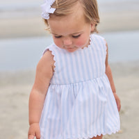 Little English traditional children's clothing.  Light blue and white striped two-piece for baby girls with white ricrac trim